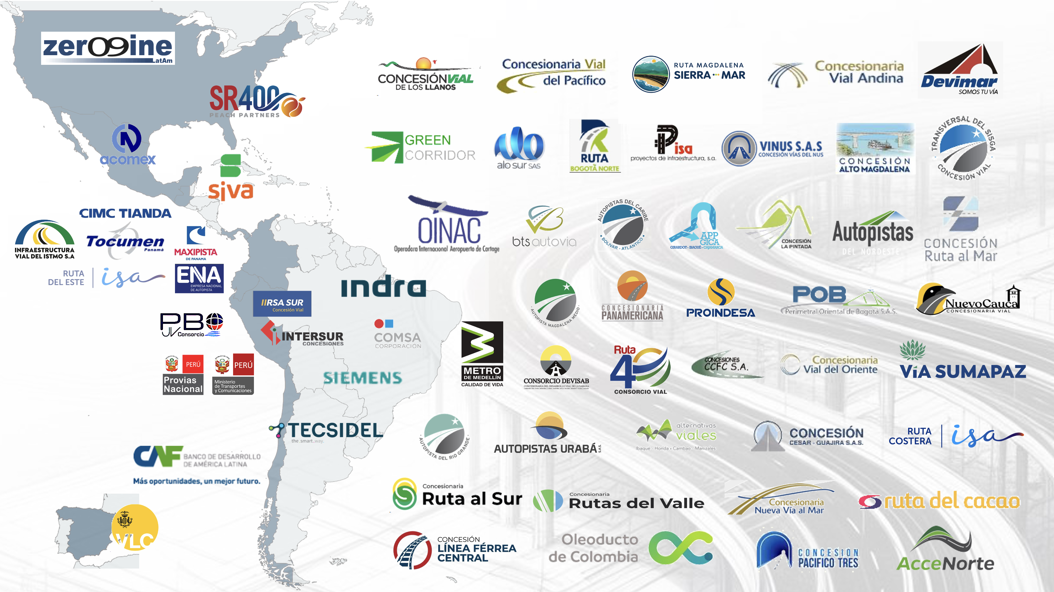 Mapa de América y organizaciones de infraestructuras que confían en Zeronine y GALGO